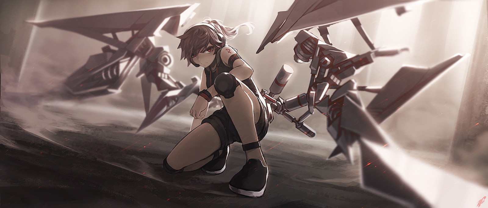 anime, anime dívky, bruneta, červené oči, sluchátka, Snímek obrazovky, mecha