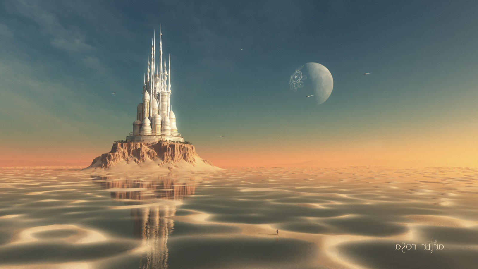 luce del sole, Fantasy art, mare, riflessione, cielo, Alba, sera, mattina, Torre, orizzonte, atmosfera, crepuscolo, nube, alba, onda, immagine dello schermo, 1920x1080 px, fenomeno atmosferico, sfondo del computer, atmosfera della terra