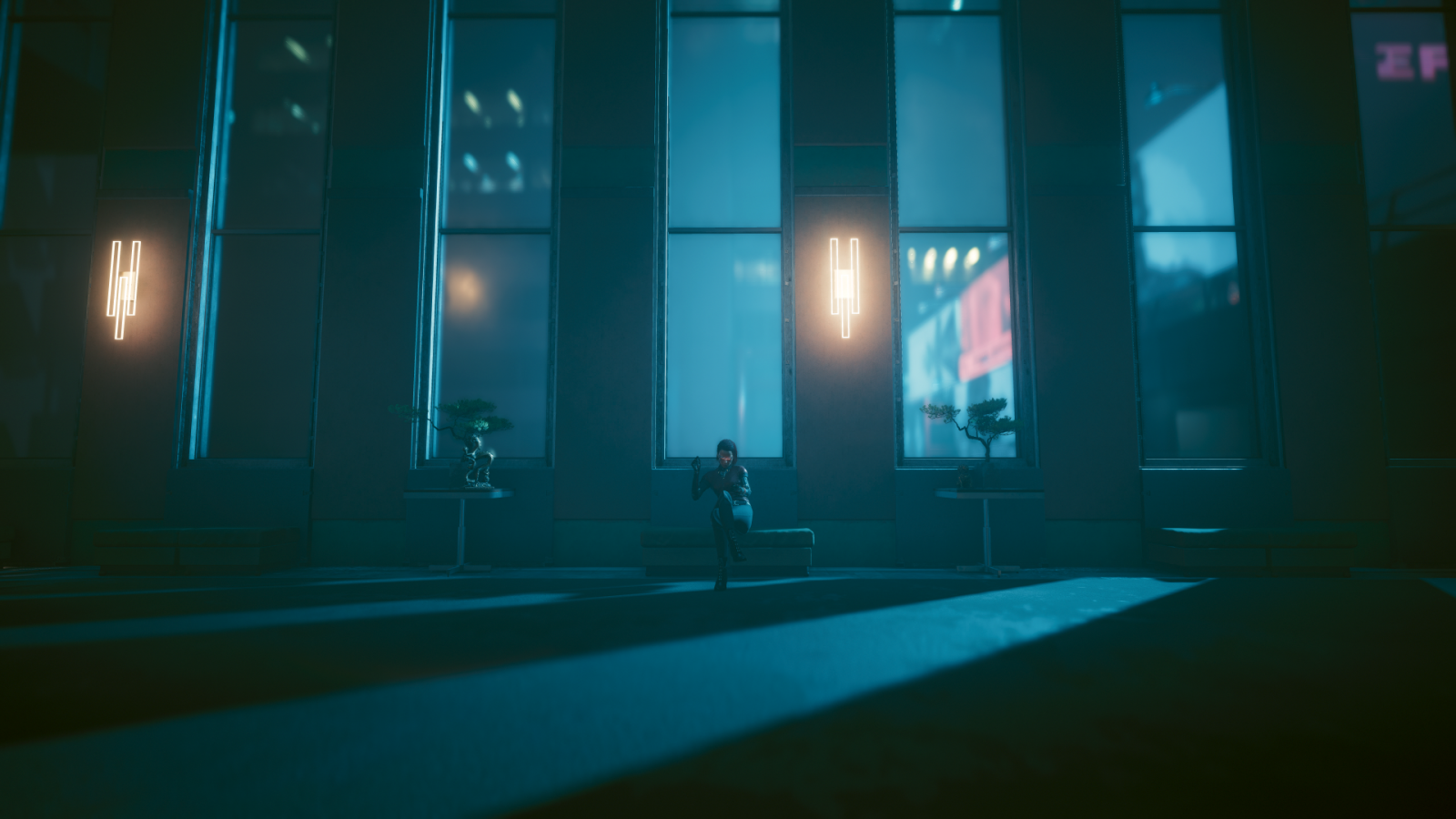 cyberpunk, Cyberpunk 2077, sitting, indoors, women, women indoors, cybernetics, dark, window frames, plant pot, plants, Video Game Art, V Cyberpunk 2077, digital art, video games, low light