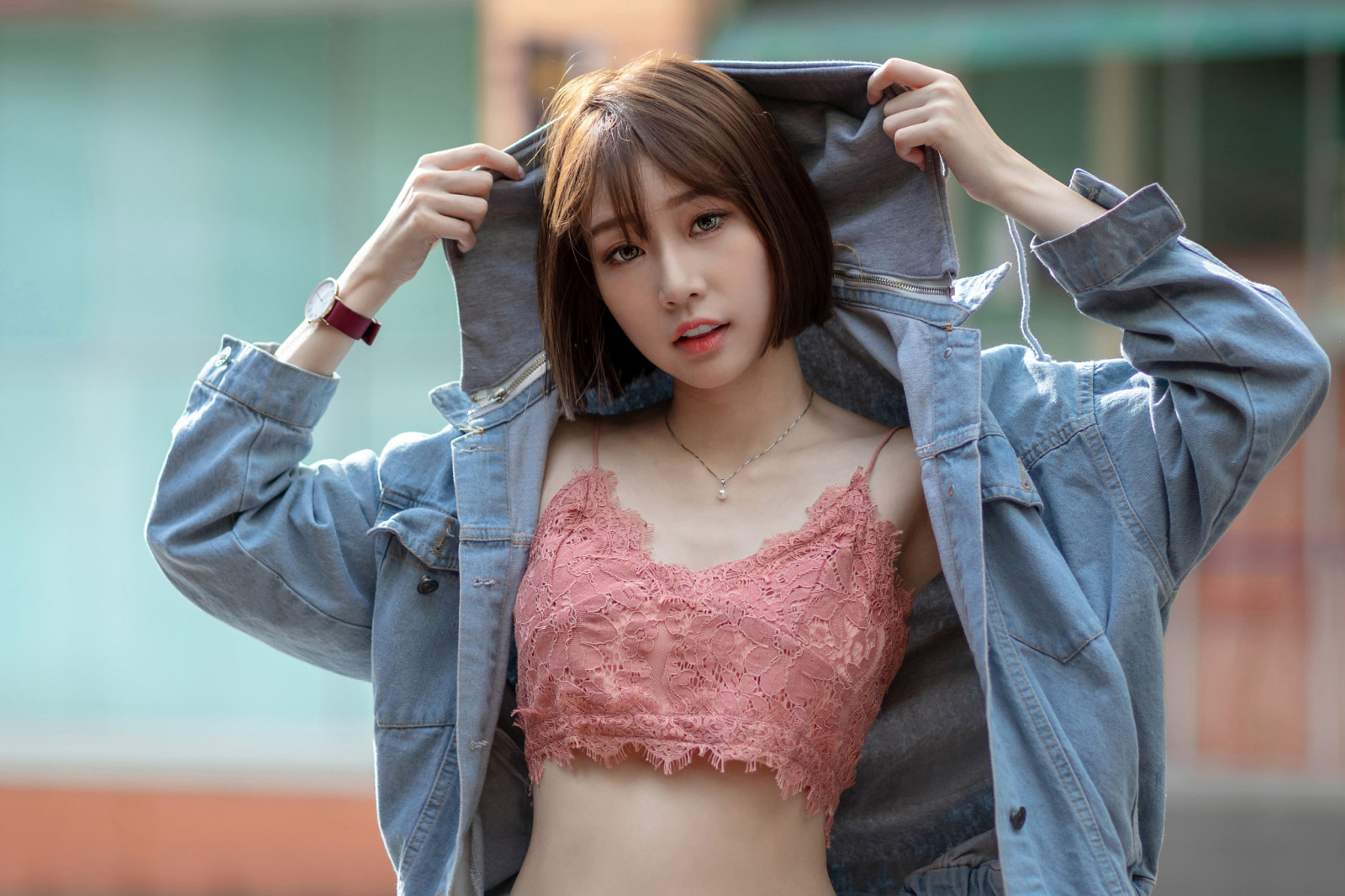women, Asian, portrait, necklace, hoods, short hair