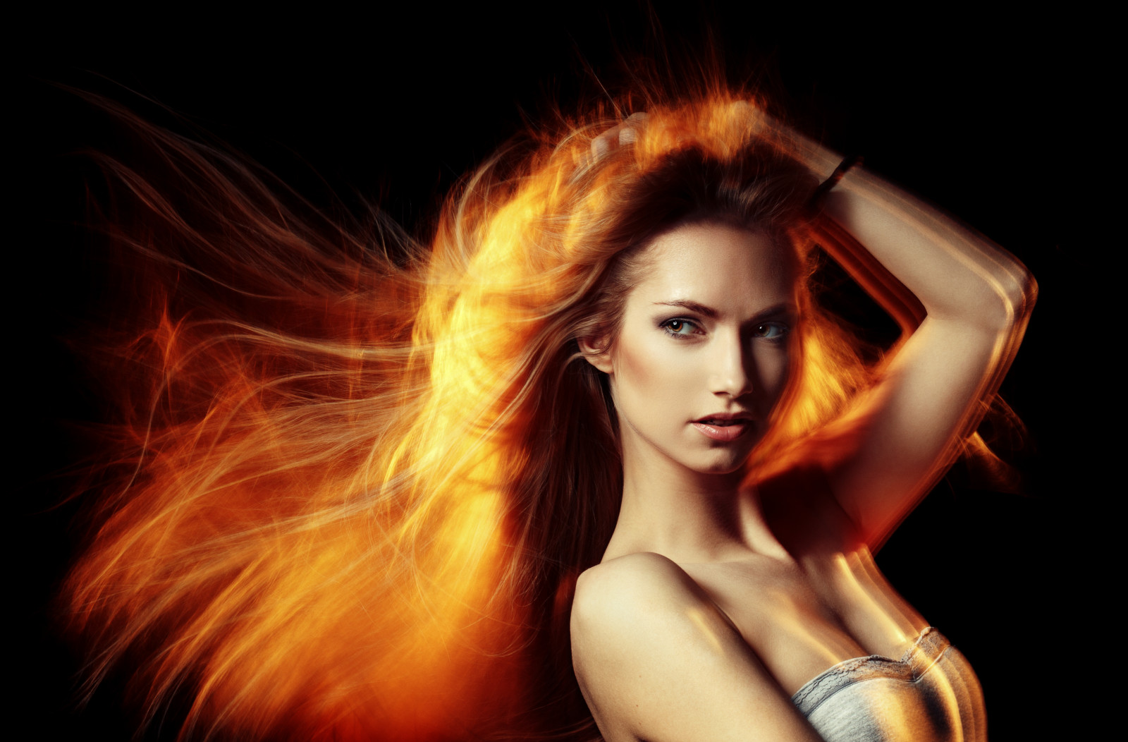 Černá, ryšavý, model, portrét, Červené, letící, vlasy, vítr, Studio, supermodelka, světlo, dívka, krása, sexy, počítač tapeta, focení, hnědé vlasy, Miass