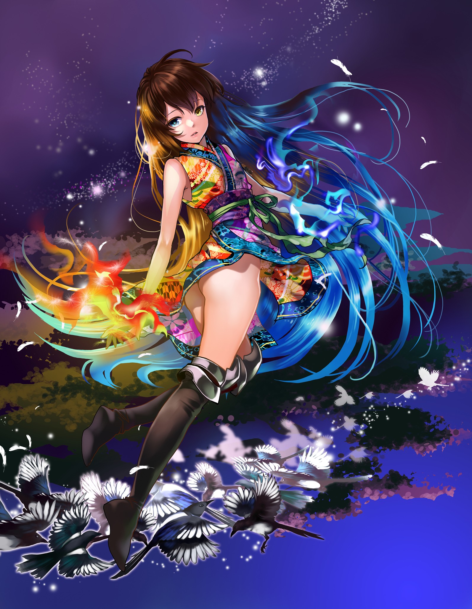 ilustrace, dlouhé vlasy, anime, anime dívky, bruneta, osel, zbraň, brnění, heterochromia, japonské oblečení, mytologie, nopan, Kaku San Sei Million Arthur, víla, počítač tapeta, fiktivní postava