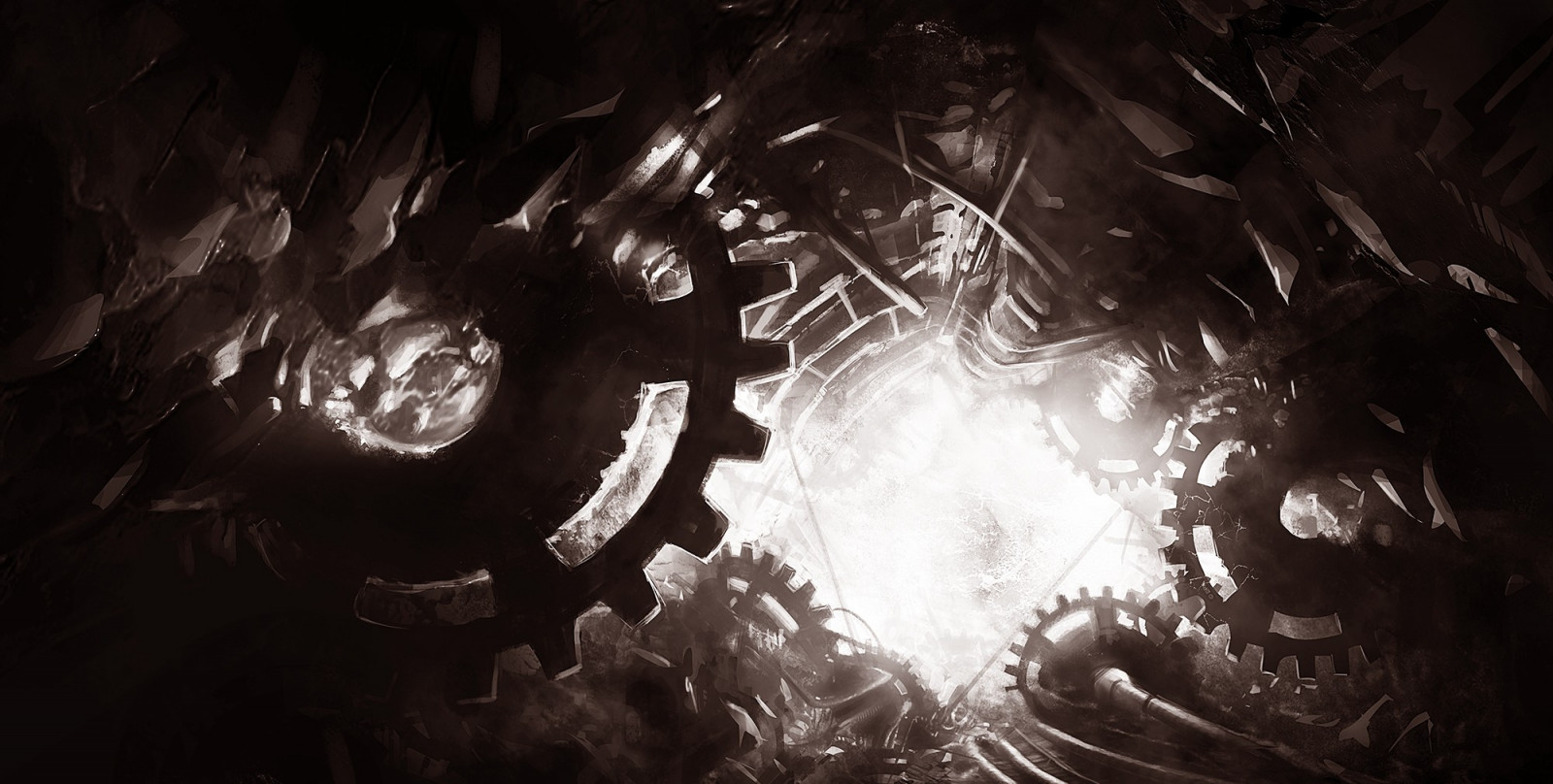 slunečnímu záření, černobílý, fantasy umění, noc, umělecká díla, Koncepce umění, ozubená kola, Hodinky, jeskyně, stroj, světlo, tma, Snímek obrazovky, počítač tapeta, Černý a bílý, monochromatické fotografování