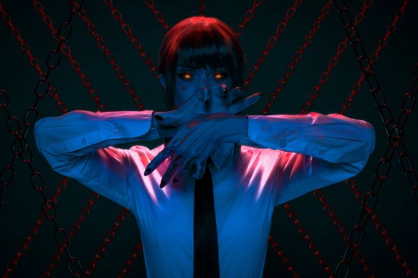 women,artwork,digital art,chains,orange eyes,glowing eyes