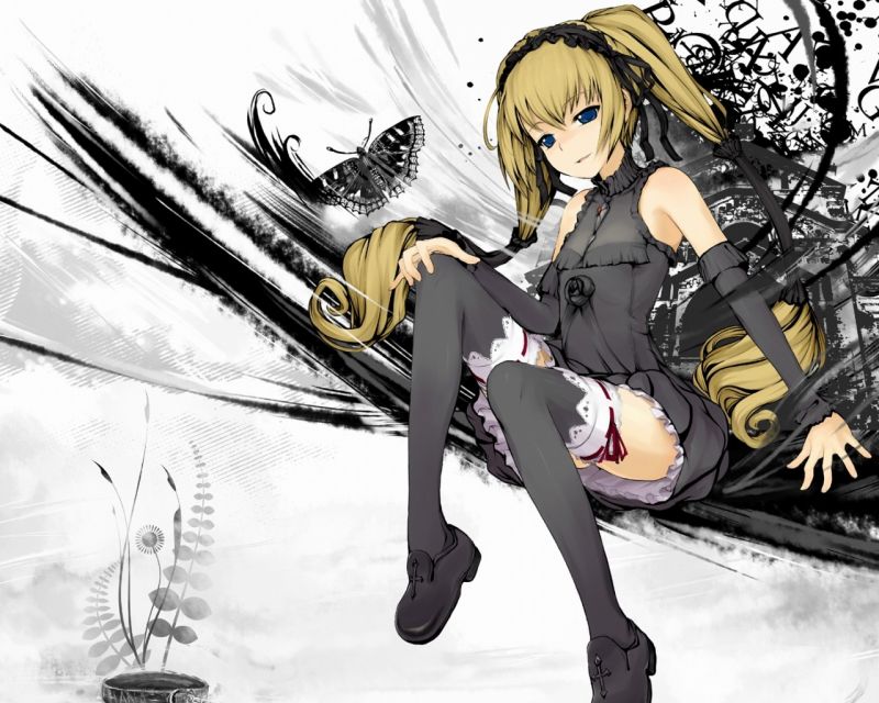 illustrazione, bionda, anime, disegno, monocromo, farfalla illustrazione, bionda, anime, disegno, monocromo, farfalla