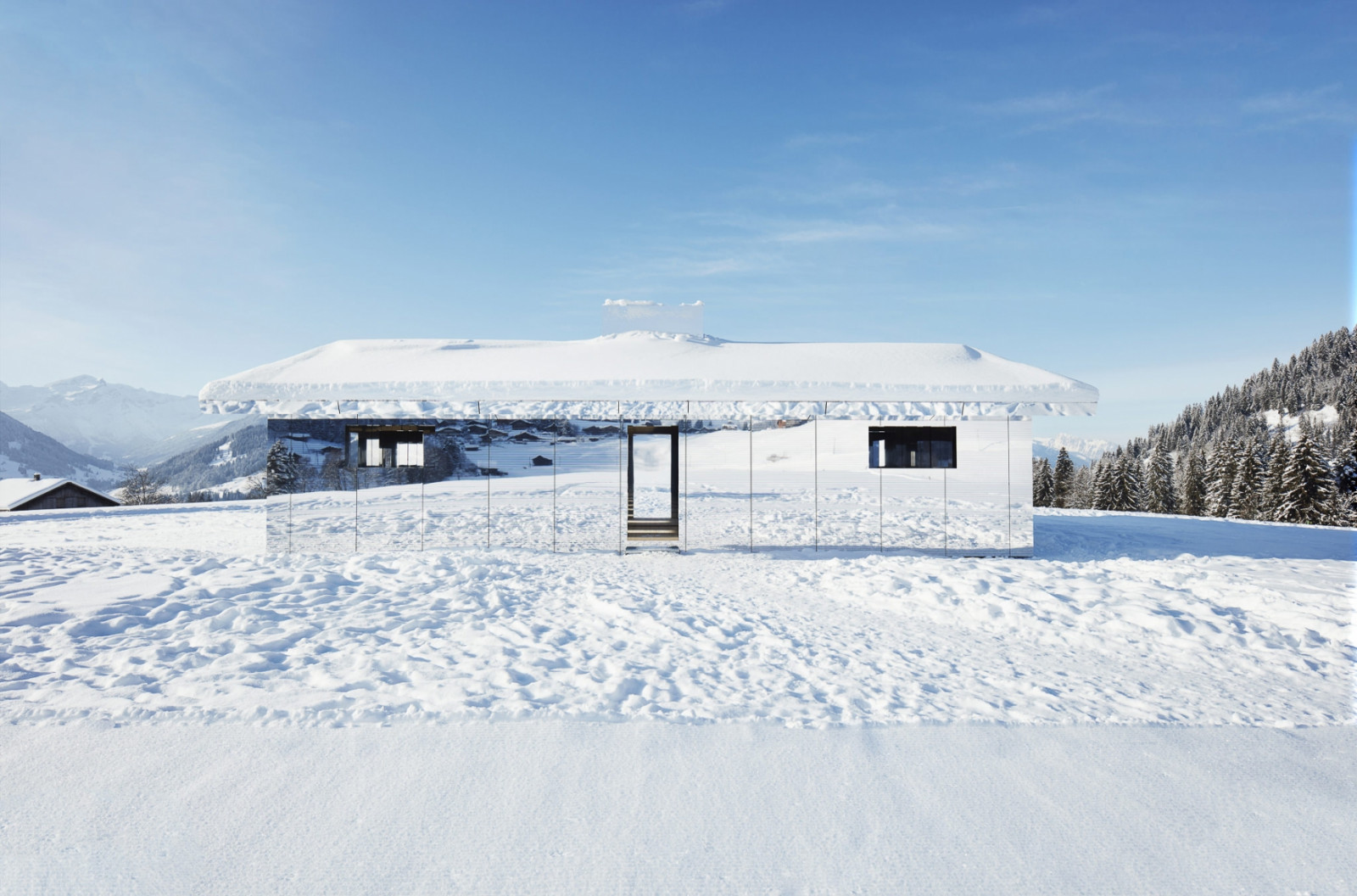 Wallpaper nature, landscape, winter, snow, white, architecture, cabin, mirror, reflection