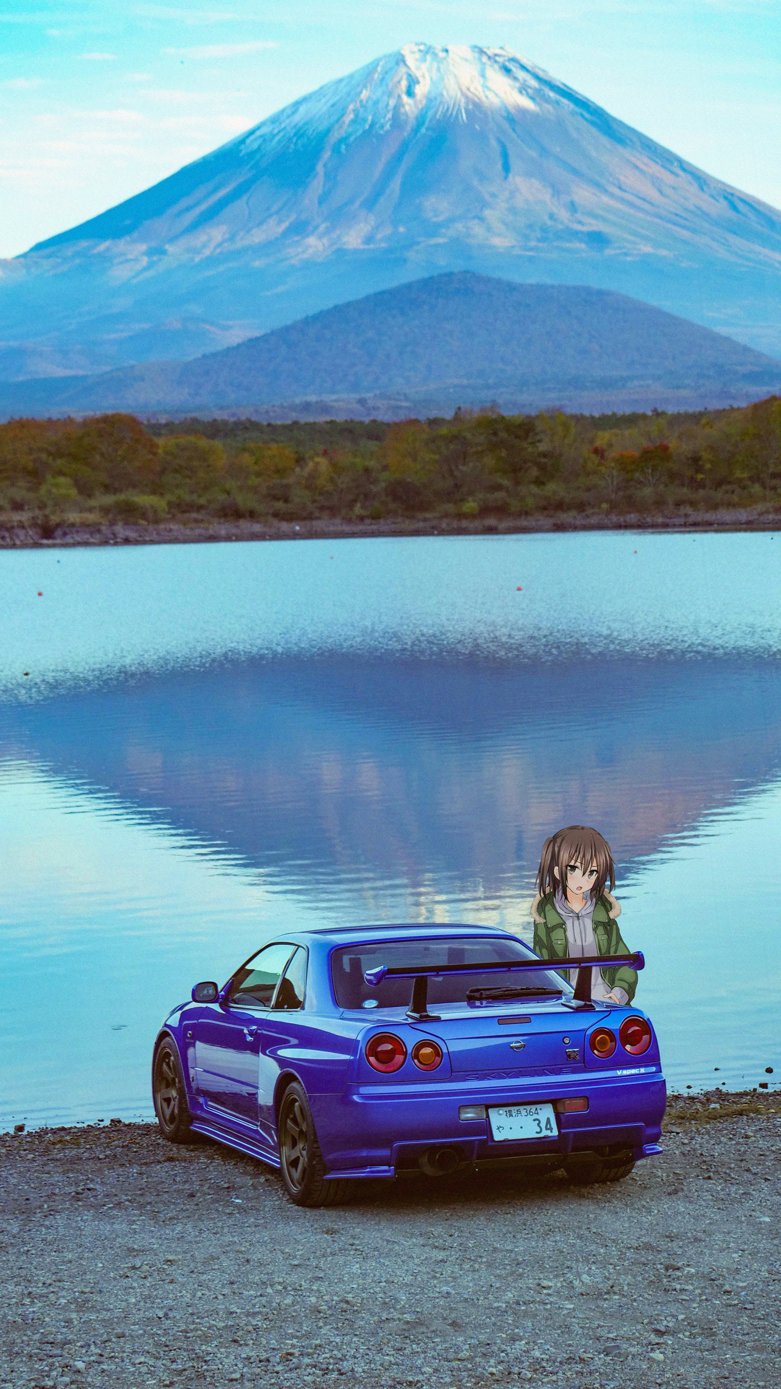 Nissan Skyline R34, anime girls, Monte Fuji, jdmxanime, auto giapponesi