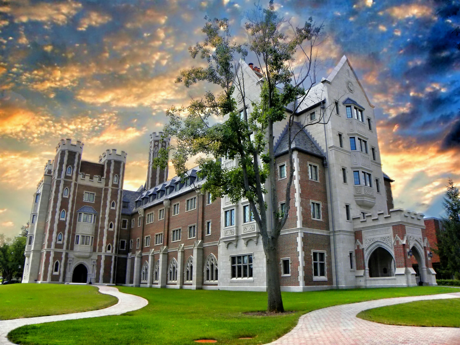 západ slunce, ny, vysoká škola, architektura, mraky, campus, hala, gotický, Elmira, dramatický, historický, rezidence, Meier, obrození, hrabství, Chemung, onasill