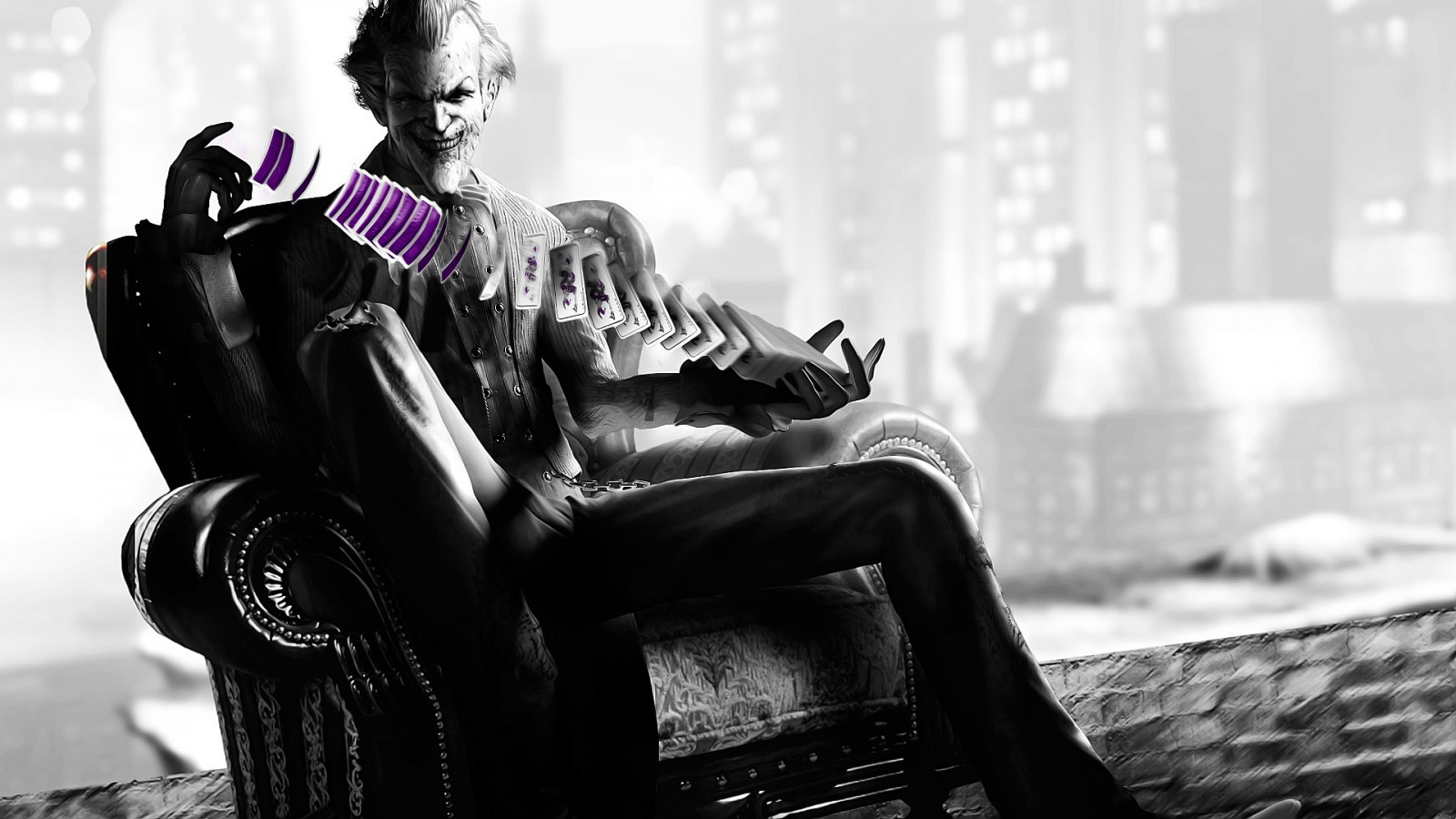 Batman Arkham City, ตัวตลก, เก้าอี้นวม, บัตร, หลอกลวง, ดำและขาว