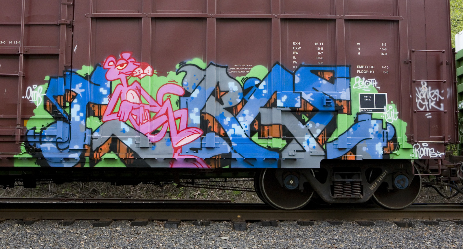 vozidlo, vlak, grafiti, pouliční umění, doprava, náklad, lokomotiva, nástěnná malba, Portland, prémie, UMĚNÍ, vlaky, malovat, dráha, velký, aerosol, inspektor, železniční doprava, kolejová vozidla, železniční vůz, pdx, Růžový panter, Brianlatta, Xxxbrianxxx, Brianlattafotografie