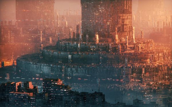 Annibale Siconolfi,megastructure,futuristic city,digital art,metropolis,science fiction