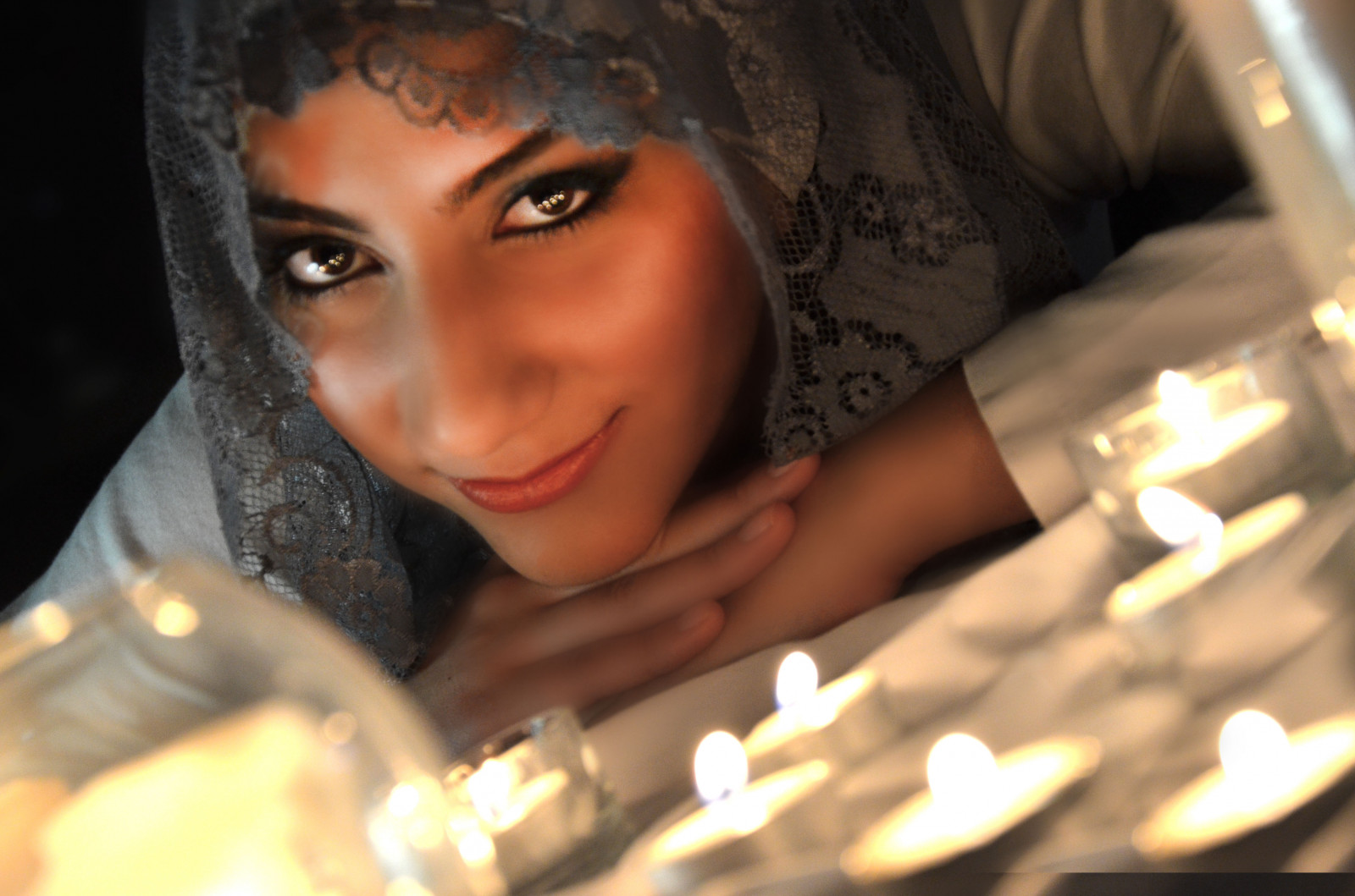Wallpaper face, white, portrait, hands, eyes, dark, makeup, candles
