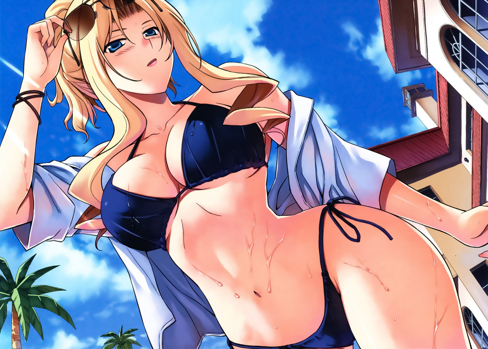anime, Anime piger, store bryster, tegneserie, sort hår, bikini, tegneserier, sved, Fryser, Elizabeth Mably, mangaka