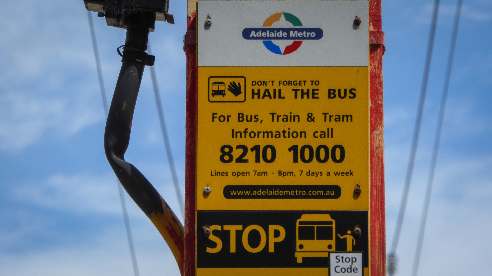 blå, himmel, hvid, skilt, gul, skyer, Lumix, busstoppested, elledninger, hold op, Adelaide, grønblå, stobiepole, Theen, adelaidemetro, ashleystreet, torrensville, hailthebus