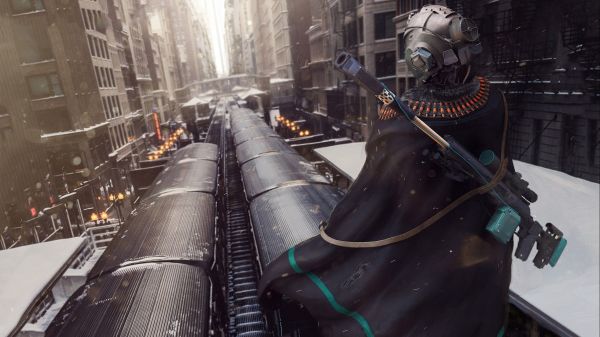 digital art, city, cyberpunk, artwork, robot, train