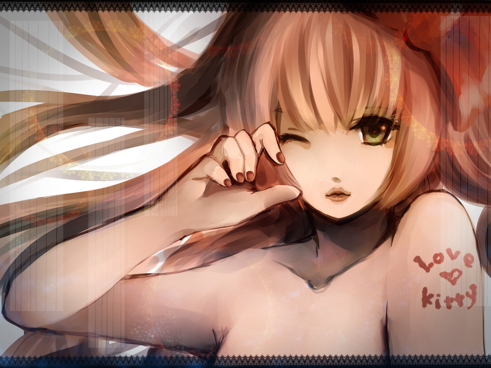 1600x1200 px, Brun, øjne, hår, Iroha, læber, lang, søm, Nekomura, nøgen, lyserød, Polere, tatoveringer, Vocaloid, blinke