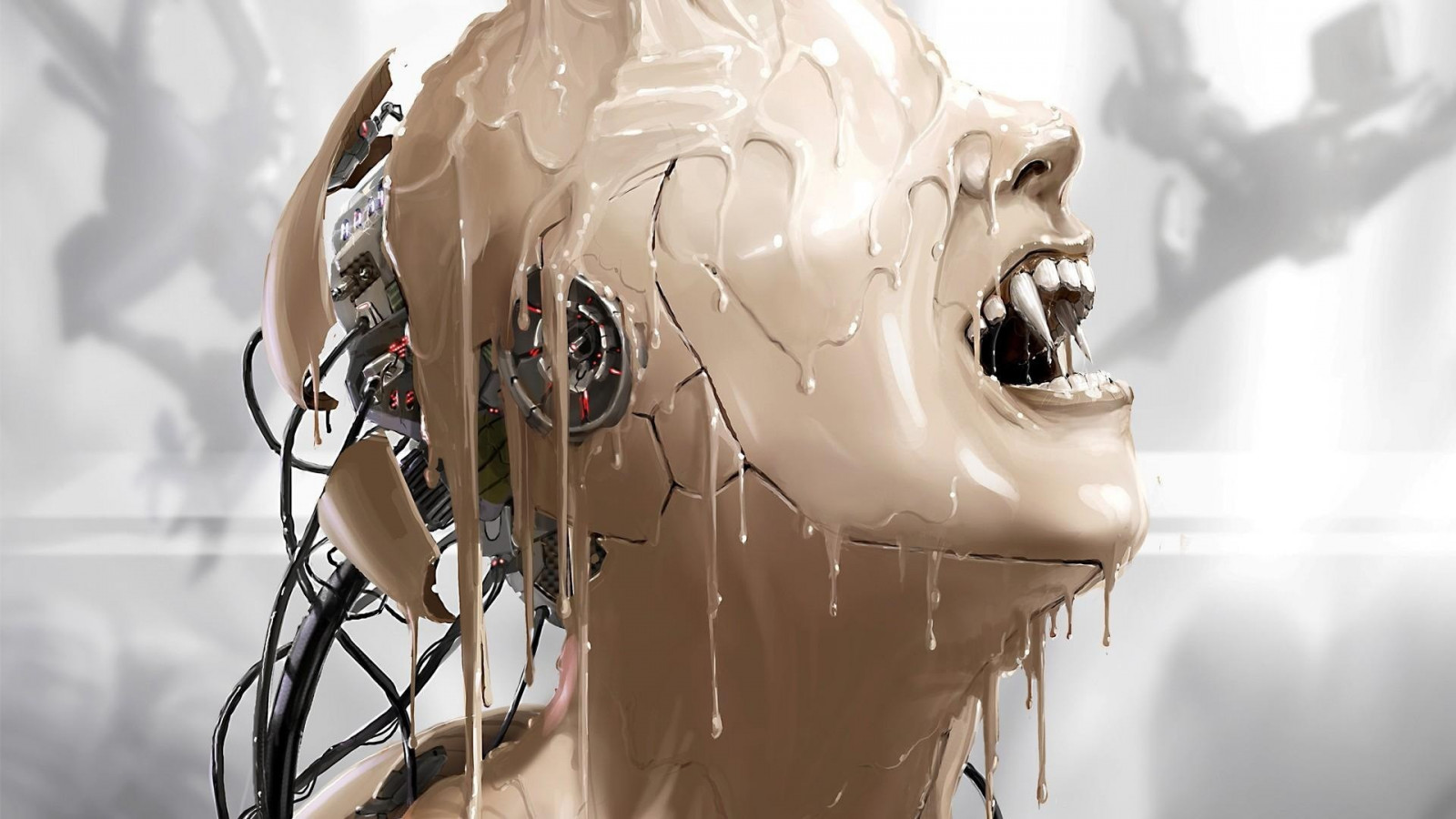 beyaz, dijital sanat, Kadınlar, Tek renkli, Fantezi sanatı, Anime, robot, Ağız açık, Resim, heykel, Heykel, Vampirler, Teknoloji, Fangs, Cyborg, Bahar, Teller, Giyim, Kafa, SANAT, kostüm, organ, kapatmak