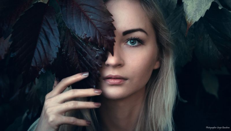 women, blonde, face, portrait, green eyes, leaves women, blonde, face, portrait, green eyes, leaves