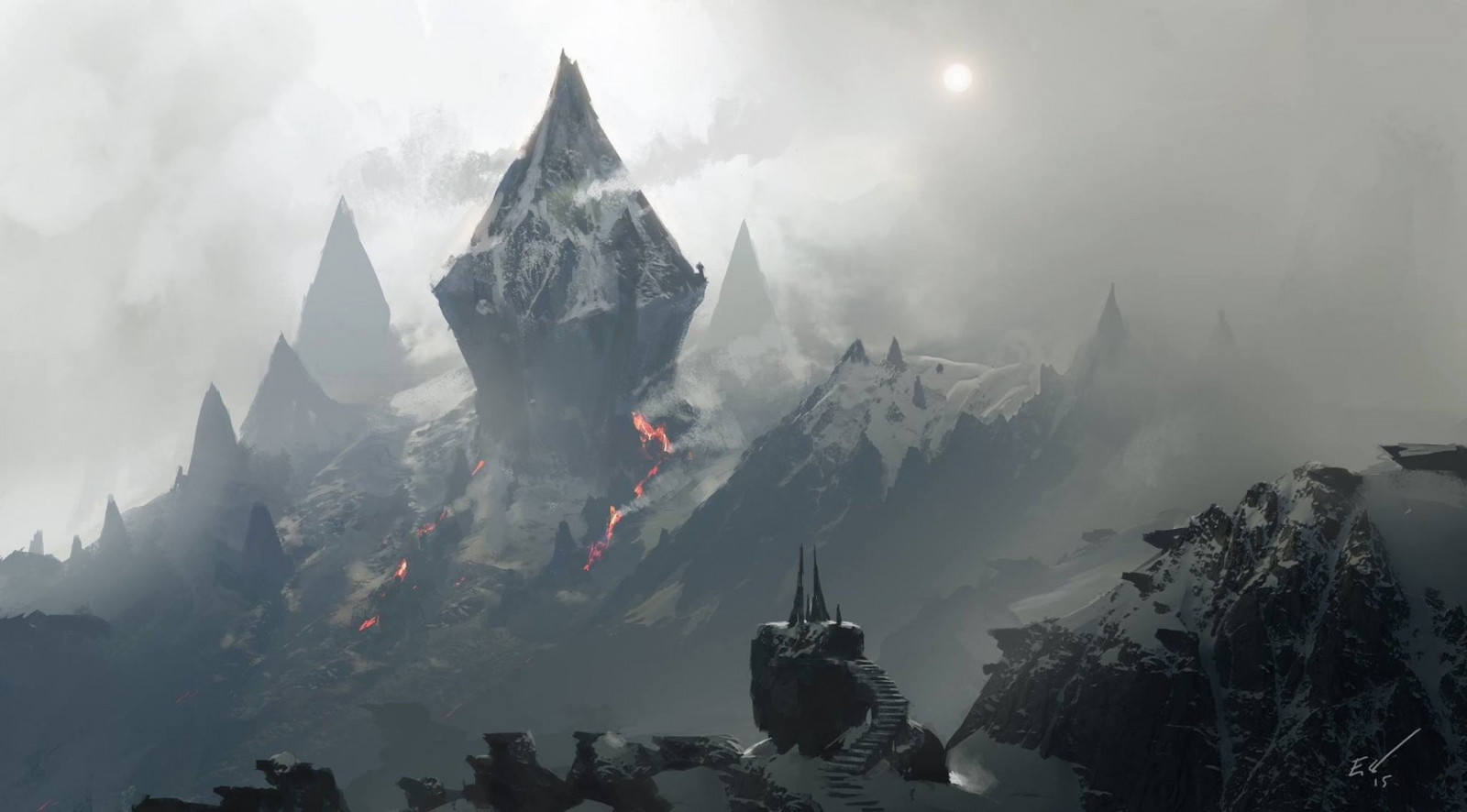 hory, fantasy umění, Skála, Příroda, sníh, mlha, slunce, láva, schody, Alpy, vrcholek, Espen Saetervik, Terén, mlha, hora, počasí, Snímek obrazovky, atmosférický jev, Atmosféra Země, horských reliéf, geologický fenomén, pohoří