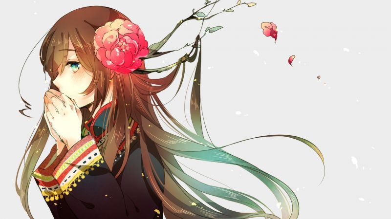 ilustrace, anime, Lístky, vítr, bruneta, kreslená pohádka