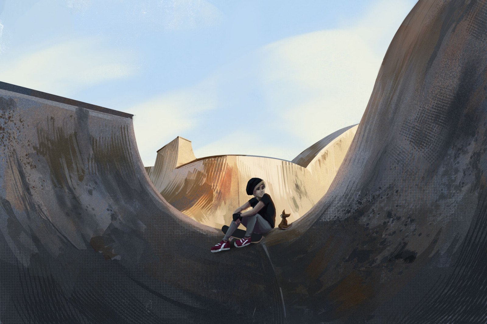 Karolina Wi niewska, นั่ง, ภาพดิจิตอล, มองไป, ผู้หญิง, สเก็ตบอร์ด, ภาพวาด, ศิลปะดิจิตอล, งานศิลปะ, จิ้งจอก, ArtStation