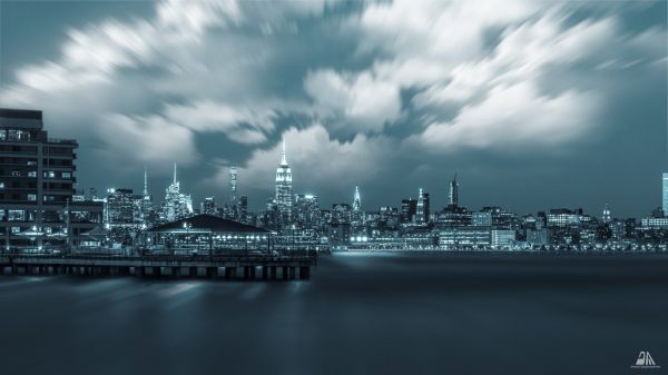 landscape, city, cityscape, night, lights, monochrome