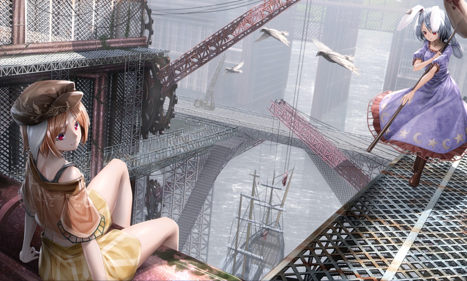 uccelli, anime, anime girls, Touhou, molo, Seiran, ringo Touhou, immagine dello schermo