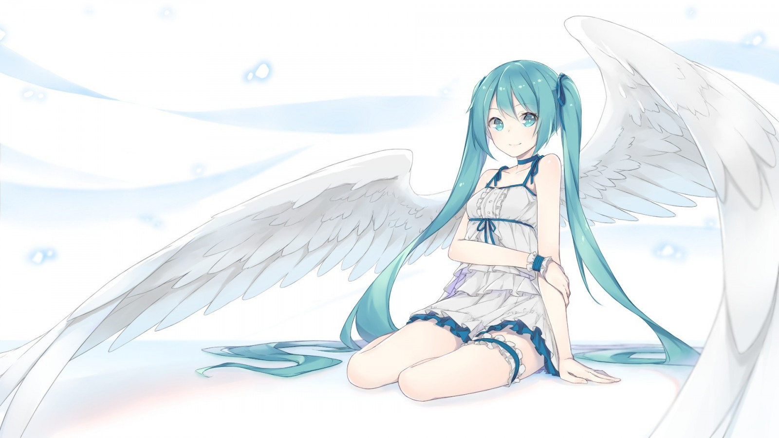 výkres, ilustrace, dlouhé vlasy, anime, křídla, bílé šaty, kreslená pohádka, Vocaloid, Hatsune Miku, twintails, aqua hair, křídlo, skica, fiktivní postava, mangaka