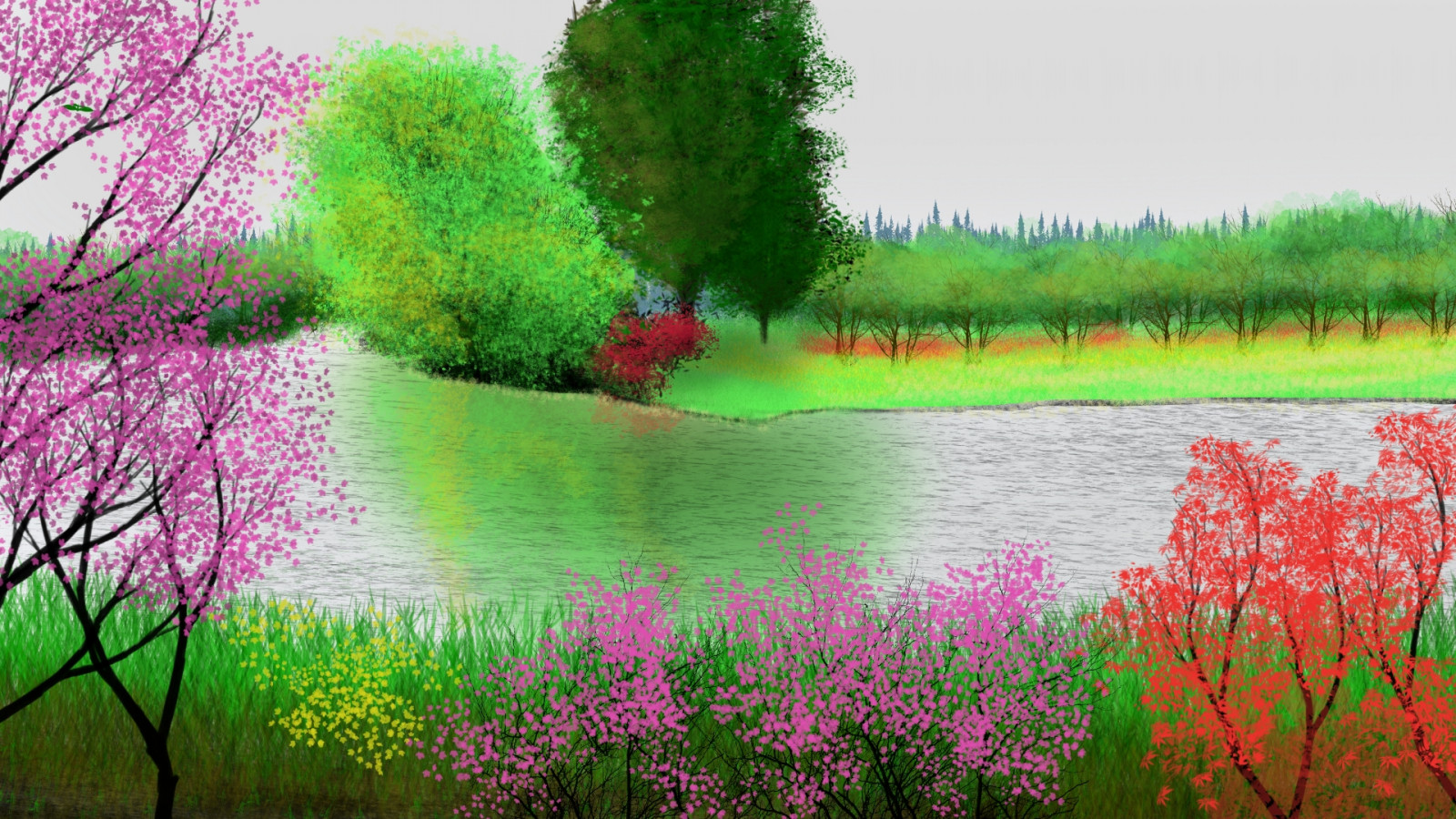 voda, rostlina, květ, plant community, zelená, People in nature, Natural landscape, list, přírodní prostředí, botanika, okvětní lístek, jezero, vegetace, tělo z vody, UMĚNÍ, vodní tok, banka, tráva, malovat, krajina, lučina, strom, vodních rostlin, ráno, nebe, groundcover, letní, venkov, keř, louka, malování, tráva rodina, kvetoucí rostlina, purpurová, rám obrazu, mokřadní, lacustrine plain, leknín, obdélník, bylina, divoká rostlina, odraz, přírodní rezervace, terénní, prérie, zahrada, rybník, plantáž, nádrž, jednoletá rostlina, Freshwater marsh, Vrba, akrylová barva, coquelicot, bažina, akvarel barvy, bažina, lužní les, theatrical scenery