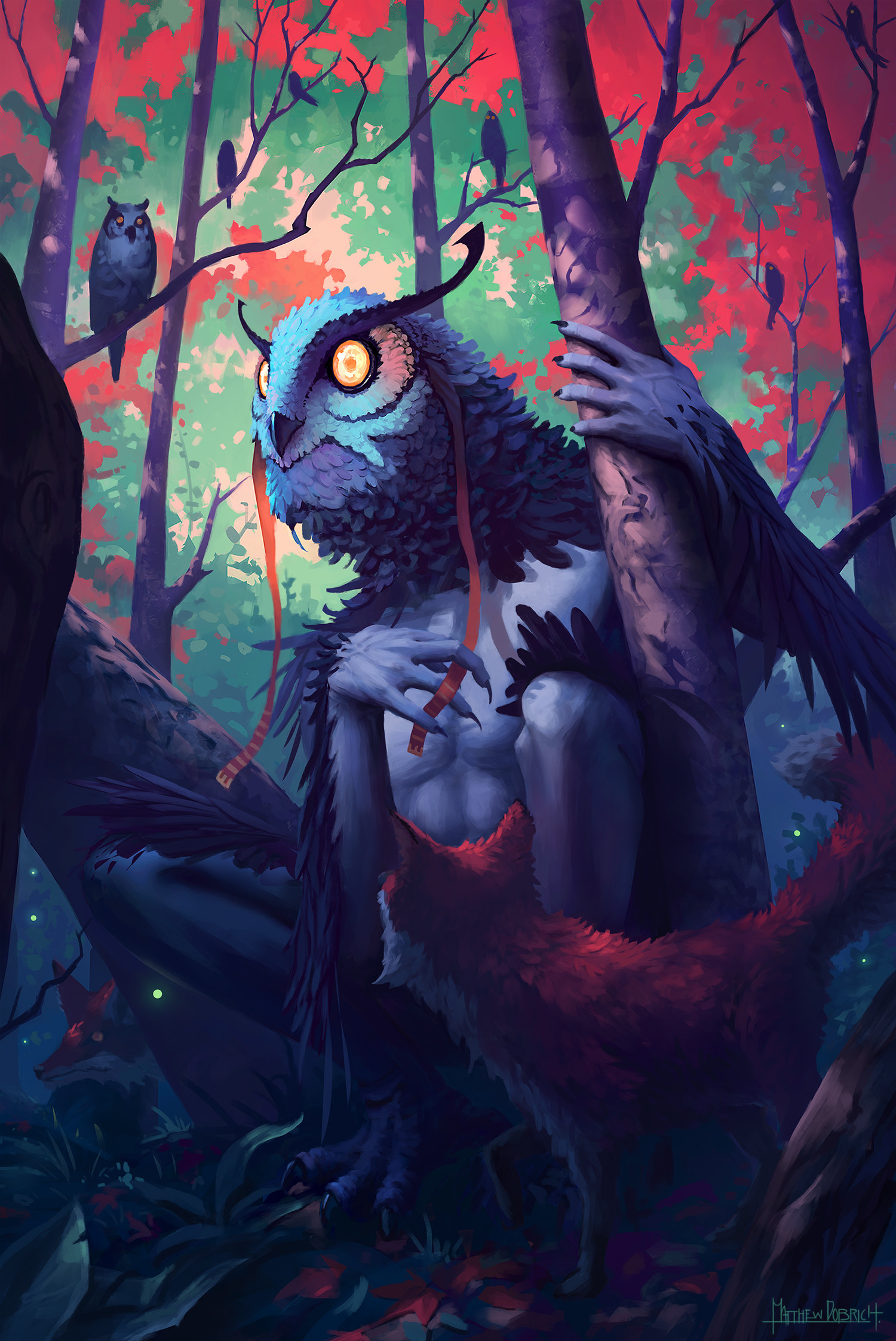 Matthew Dobrich, sova, muži, stromy, peří, liška, jaro