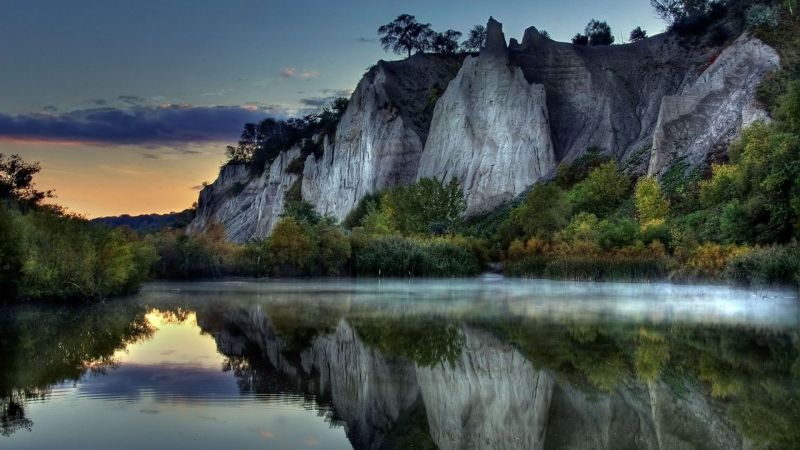 krajina, hory, vodopád, jezero, voda, západ slunce krajina, hory, vodopád, jezero, voda, západ slunce