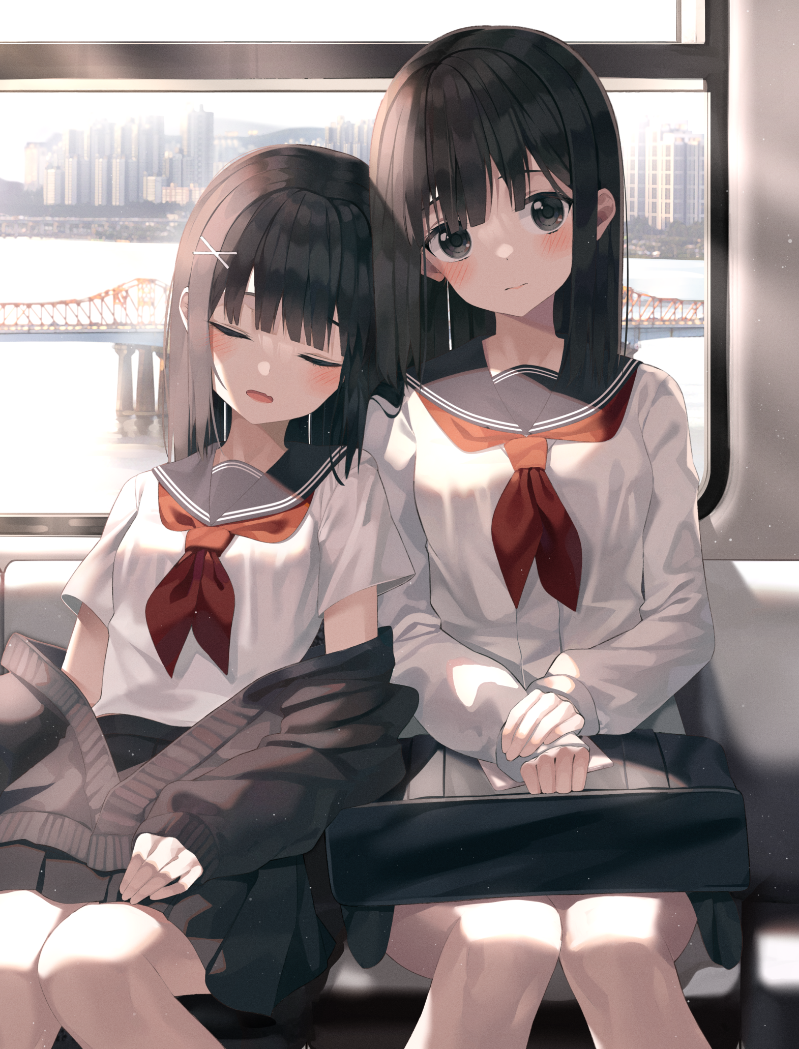 anime, anime lányok, eredeti karakter, Ikrek, hosszú haj, fekete haj, iskolai egyenruha, alkotás, digitális művészet, rajongói alkotás