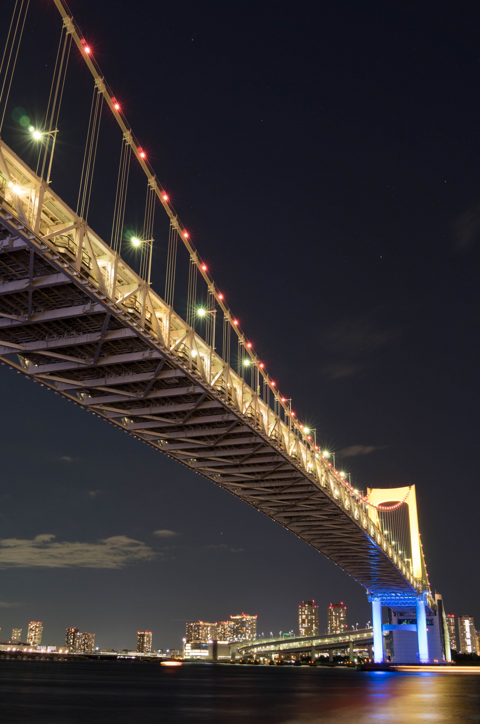 Japonsko, panoráma města, noc, architektura, odraz, vozidlo, mrakodrap, večer, most, soumrak, Leica, Tokio, jp, světlo, osvětlené, osvětlení, T, mezník, duhový most, tokyobay, leicat, summicront235, Summicron, t235, nonbuilding struktura, kabel vydržel most