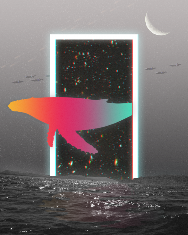 meteorite,whale,portal,glitch art,gradient,spaceship