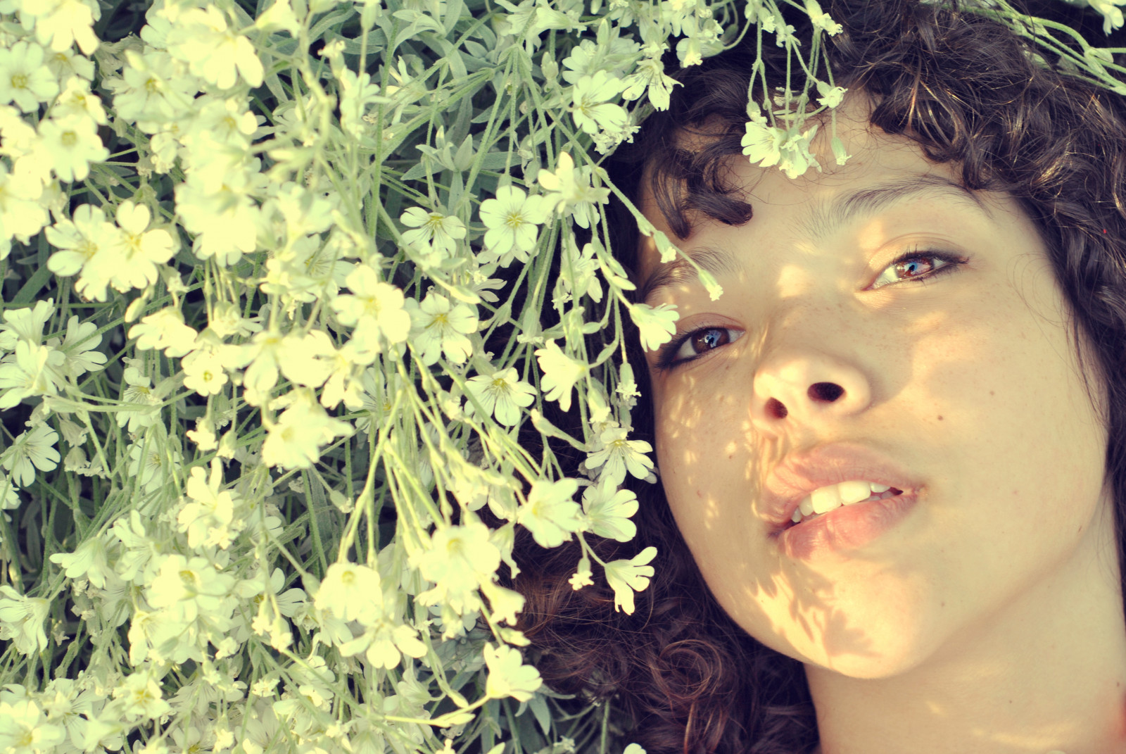 visage, portrait, fleurs, la nature, herbe, branche, vert, jaune, cheveux noirs, cheveux, bonheur, printemps, brillant, lumière, beau, arbre, d'or, ombres, feuille, heure, fleur, plante, fille, beauté, sourire, œil, flore, amusement, Humain, frisé, magnifique, courbes, Loes, Boucles