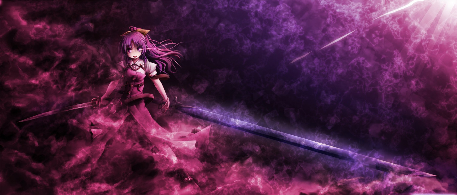 Wallpaper gadis anime, ungu, Touhou, pedang, Watatsuki ada Yorihime, kegelapan, screenshot