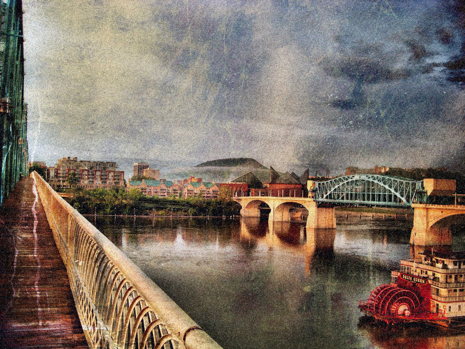 landskab, lys, maleri, hvid, vand, rød, afspejling, himmel, regn, skyer, blå, morgen, tåge, bro, flod, struktur, horisont, Bank, smuk, tåge, flickr, lamper, magiske, vandveje, akvarel, Northshore, walnutstreetbridge, Tennesseefloden, marketstreetbridge, artdistrict, tennesseeaquarium, deltaqueen, chattanoogatennessee, vintagechattanooga, visual arts, fixed link