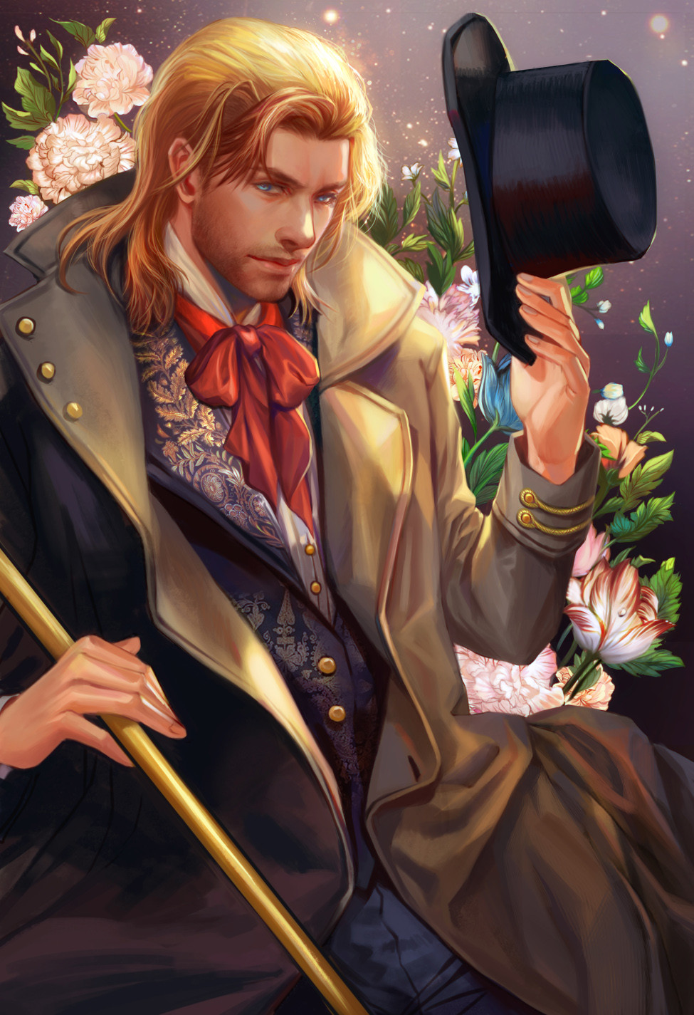 Jiuge, ภาพวาด, ผู้ชาย, หมวก, หมอผี, สีบลอนด์, ริบบิ้น, เสื้อโค้ท, ดอกไม้, ดวงตาสีฟ้า