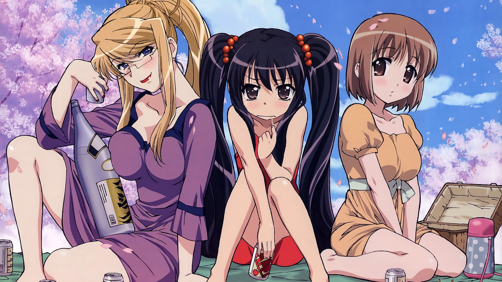 ilustrace, blondýnka, dlouhé vlasy, anime, anime dívky, modré oči, krátké vlasy, bruneta, brýle, při pohledu na diváka, usmívající se, kreslená pohádka, Shakugan no Shana, komiks, mangaka