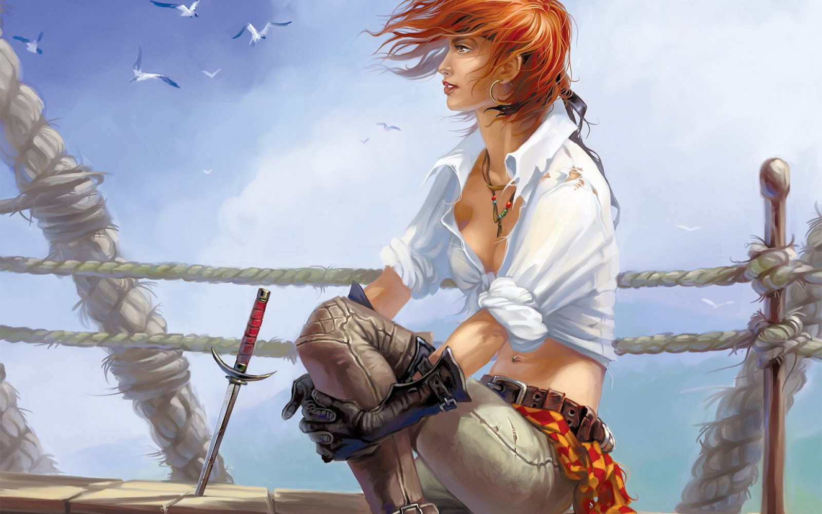 ptactvo, ženy, fantasy umění, anime, dýka, piráti, mytologie, oblečení, kostým, Snímek obrazovky
