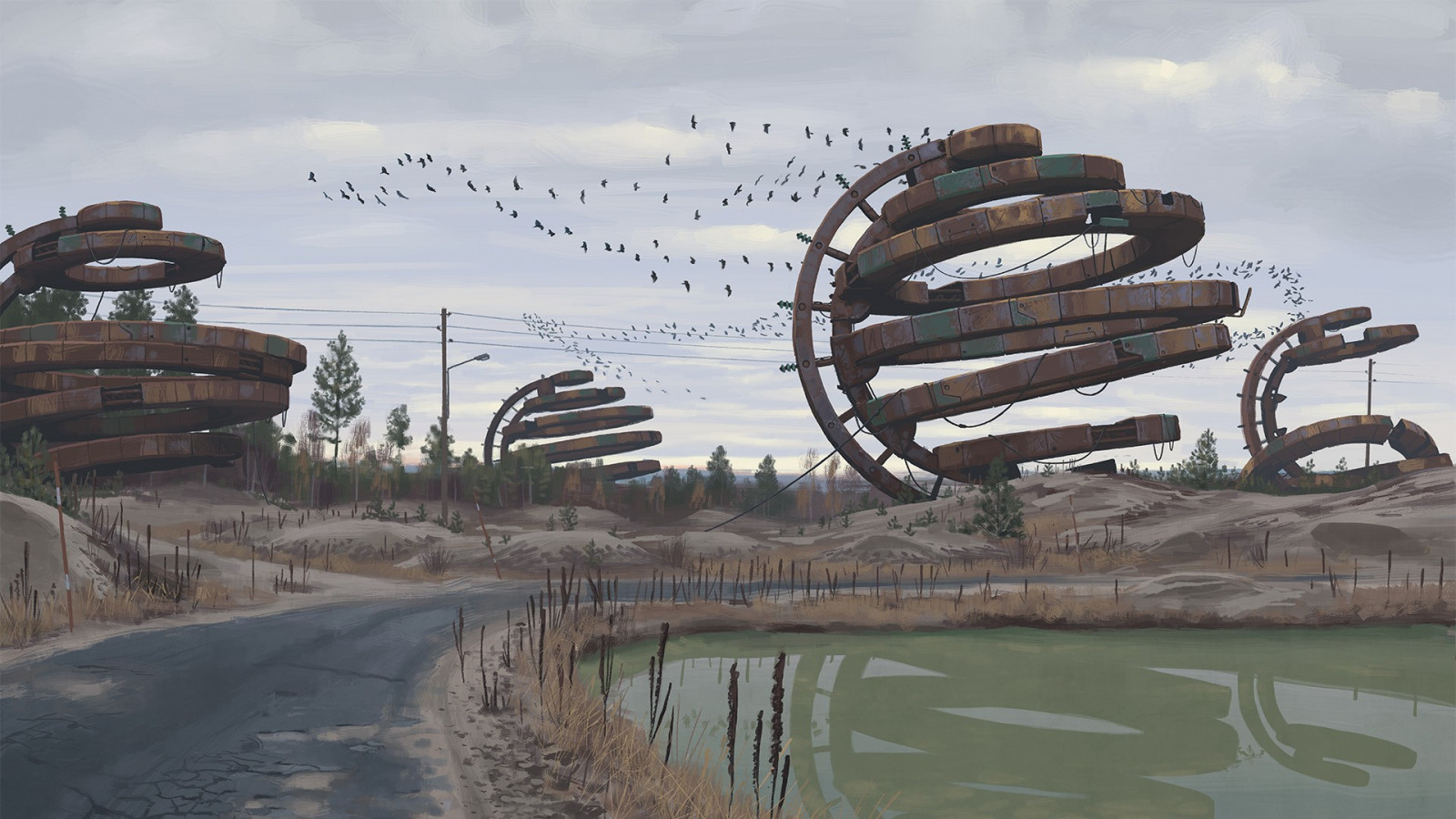 disegno, parco, futuristico, stadio, Simon Stalenhag, Parco divertimenti, giostra, struttura nonbuilding