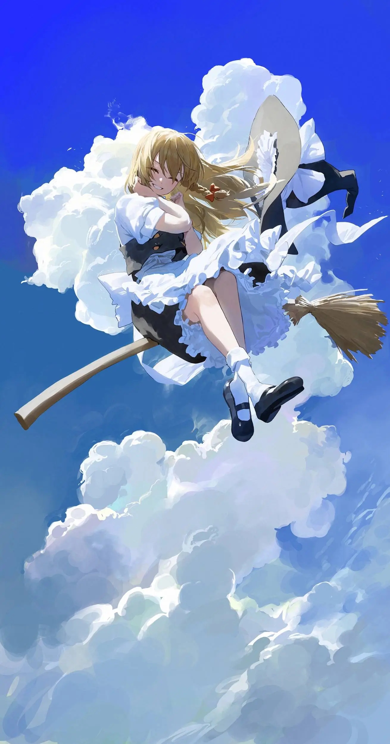 Touhou, Kirisame Marisa, nebe, displeje na výšku, anime dívky, mraky, zavřenýma očima, čarodějnice klobouk, witch's broom, dlouhé vlasy, hair blowing in the wind, Pletené pásy, Braided hair