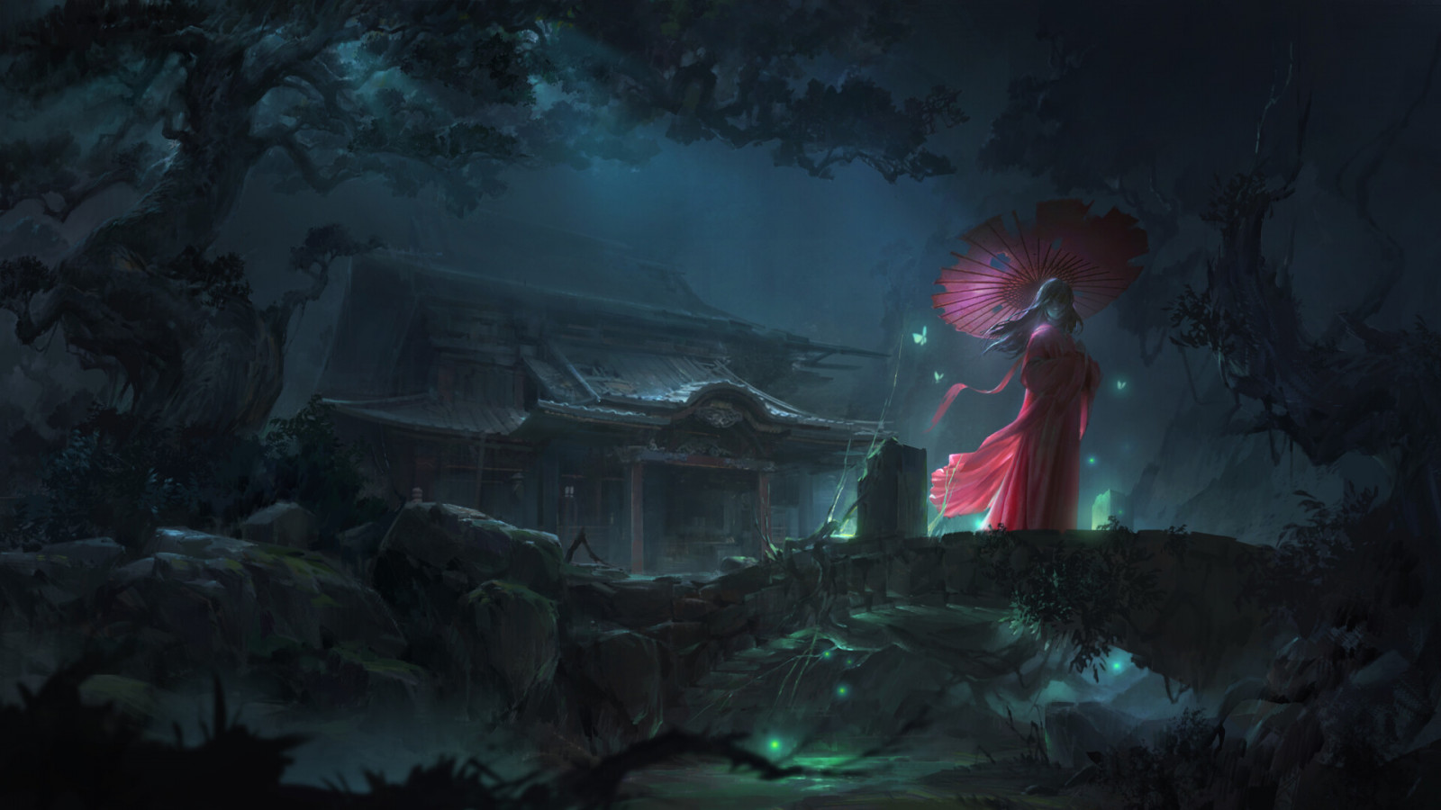 opera d'arte, Fantasy art, spaventoso, Fantasy Girl, Asia, ombrello, tempio, alberi, in piedi, donne, women with umbrella