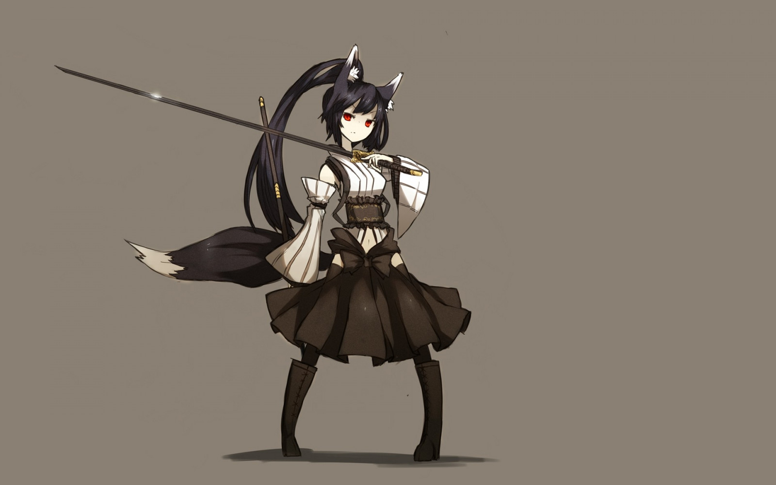 1920x1200 px, zvíře, anime, Pozadí, Černá, boty, hnědý, oblečení, uši, oči, Dívky tapety, vlasy, japonský, dlouho, ponytails, Červené, jednoduchý, sukně, meče, frak, zbraně