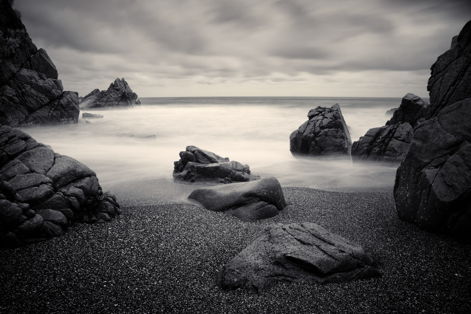 Nový, voda, mraky, stříbrný, písek, skály, dlouho, expozice, zéland, pro, Efex