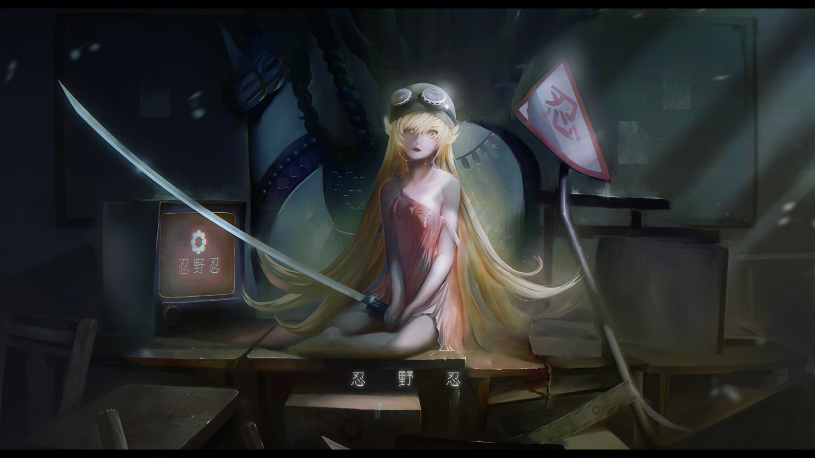 Monogatari Series, аниме, аниме момичета, бос, Oshino Шинобу, меч, тъмнина, снимки, измислен герой