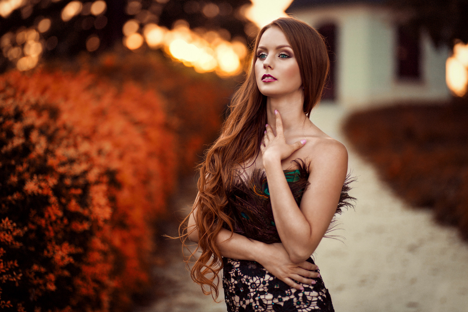 Hintergrundbilder : Frau, lange Haare, Rothaarige, Kleid, Tiefenschärfe ...