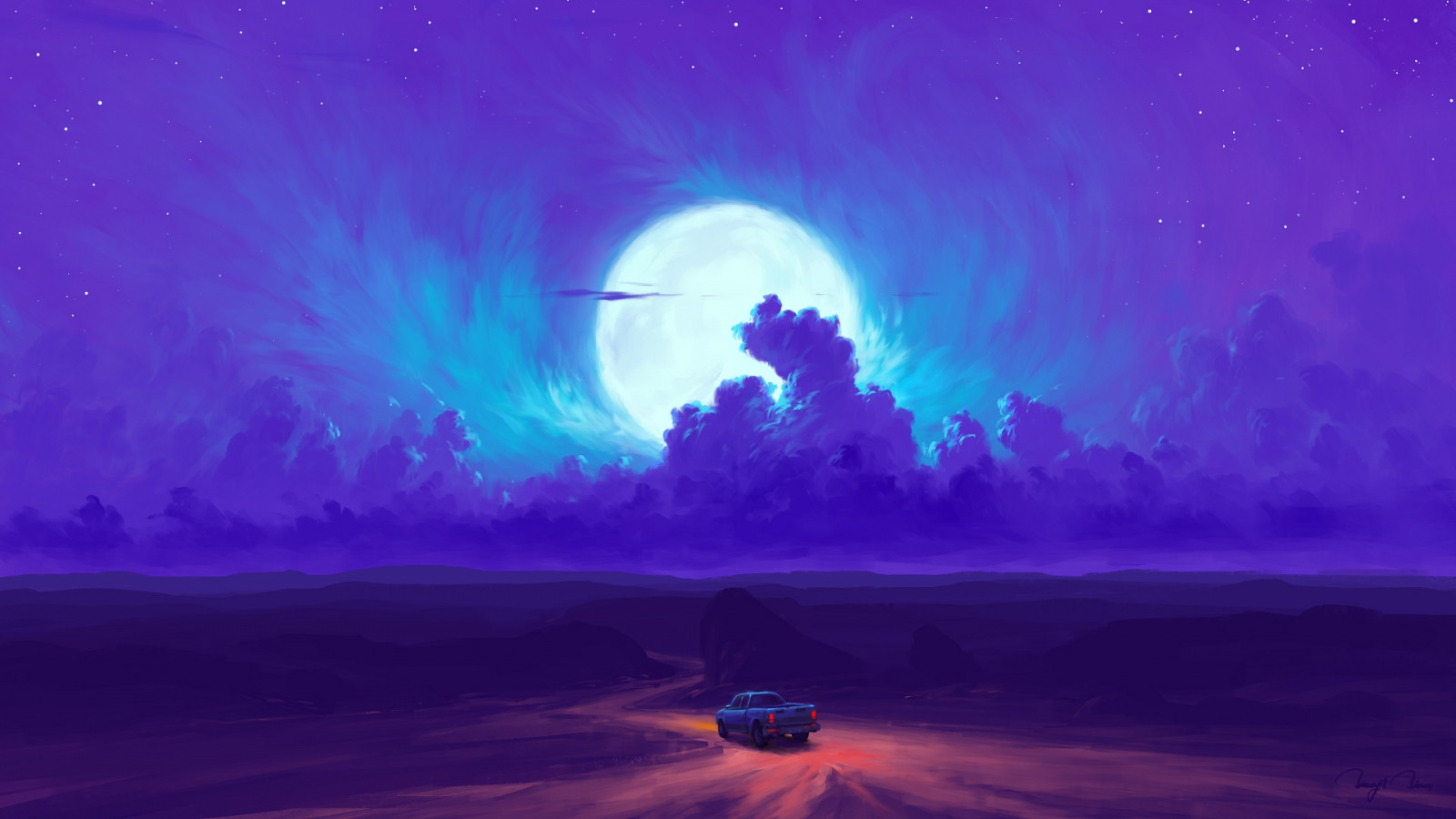 atmosphère, nuage, lumière, Lune, la nature, ciel, environnement naturel, bleu, violet, Phénomène atmosphérique, Natural landscape, ART, arbre, Objet astronomique, horizon, La peinture, bleu électrique, voiture, paysage, obscurité, espace, un événement, minuit, clair de lune, science, magenta, divertissement, Événement céleste, route, nuit, Phénomène météorologique, Éclairage automobile, cercle, Aurore, illustration, pleine lune, univers, vent, roue, océan, soir, crépuscule, astronomie