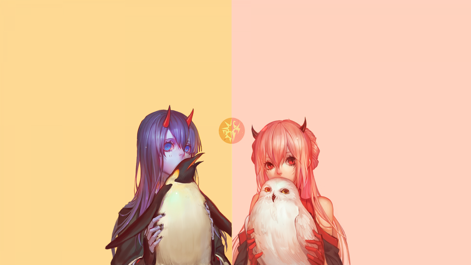 digitální umění, anime dívky, fantasy umění, umělecká díla, školačka, minimalismus, Darling in the FranXX, Zero Two Darling in the FranXX, zvěř, démonické rohy, sova, tučňáci