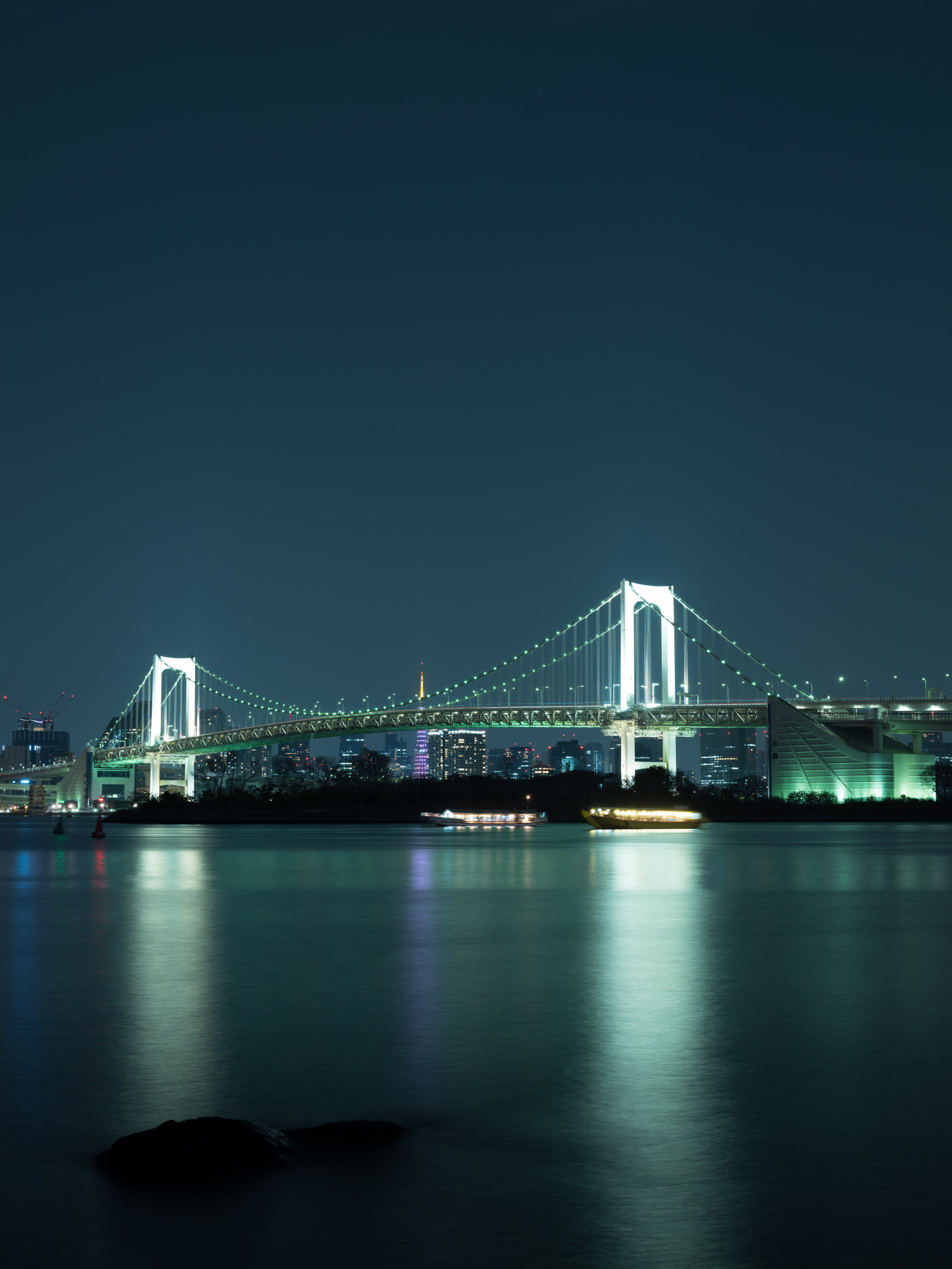 Japonsko, město, panoráma města, noc, architektura, odraz, panoráma, mrakodrap, večer, věž, most, horizont, soumrak, Tokio, Fujifilm, jp, světlo, osvětlené, osvětlení, fuji, tma, Fujinon, gf, gf63mm, gf63mmf28rwr, gfx, gfx50s, mezník, Daiba, Odaiba, duhový most, tokyobay, Tokyo Tower, kabel vydržel most
